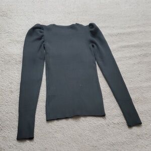 NEW CATHERINE MALANDRINO, Olive Green Ribbed Puff-Sleeve Women's Top